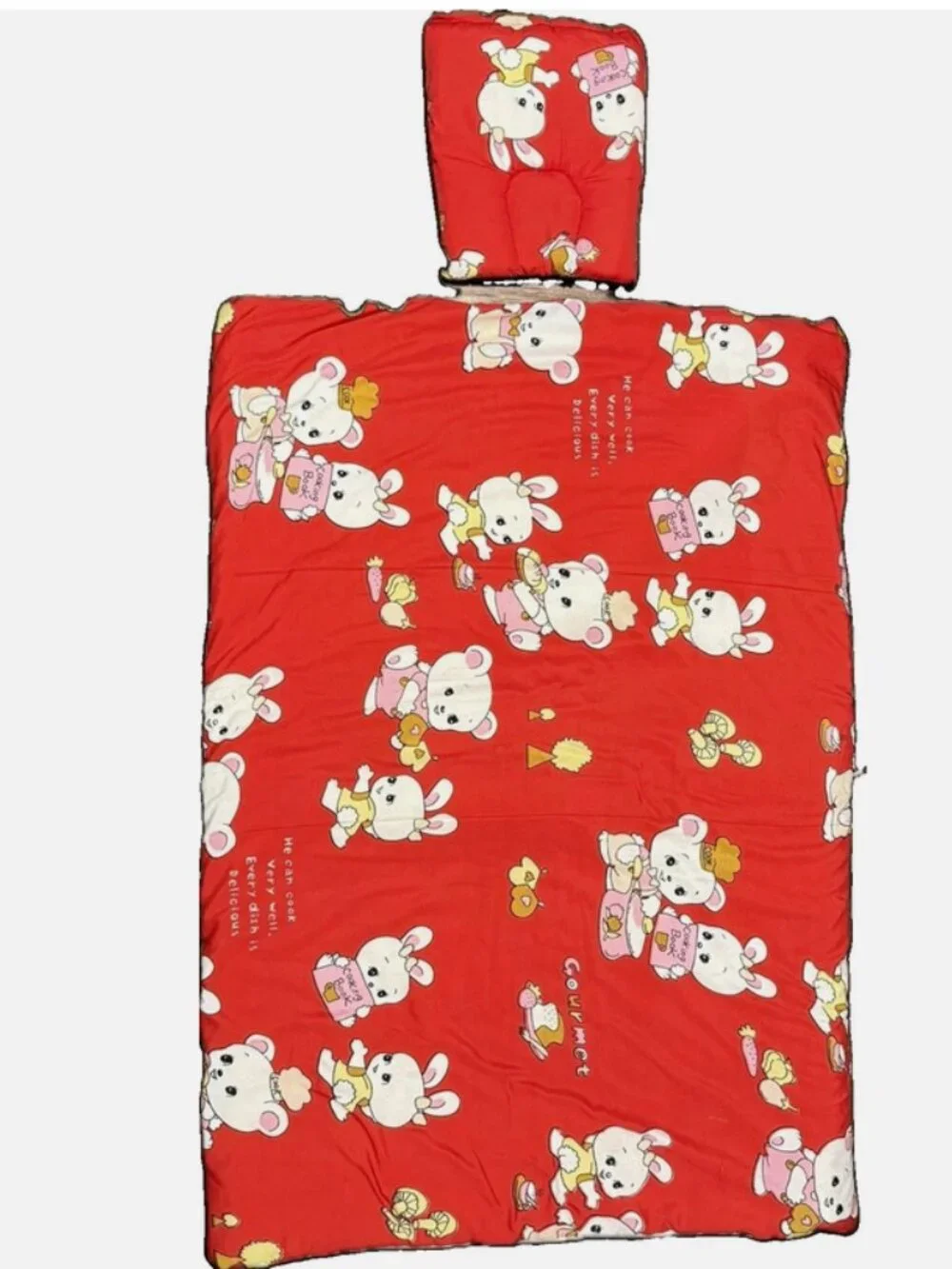 Vintage Kawaii Bunny Red Portable Baby Nap Mat Padded Sleeping Pad Pillow Set